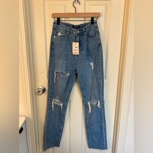 Missguided Tall Straight Leg Jeans Blue Distressed Ripped Denim US 4 NWT